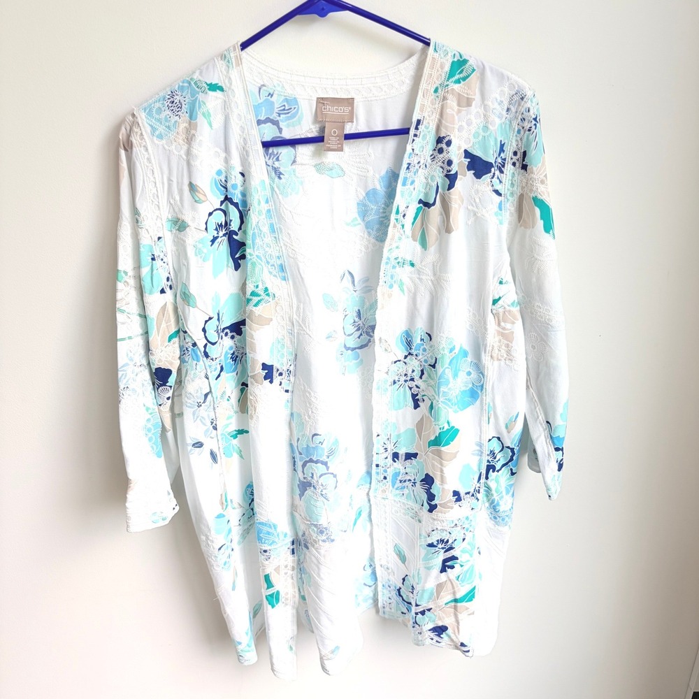Chico's Floral Embroidered Cardigan 0 Small Coastal Blue White Lace Open Front